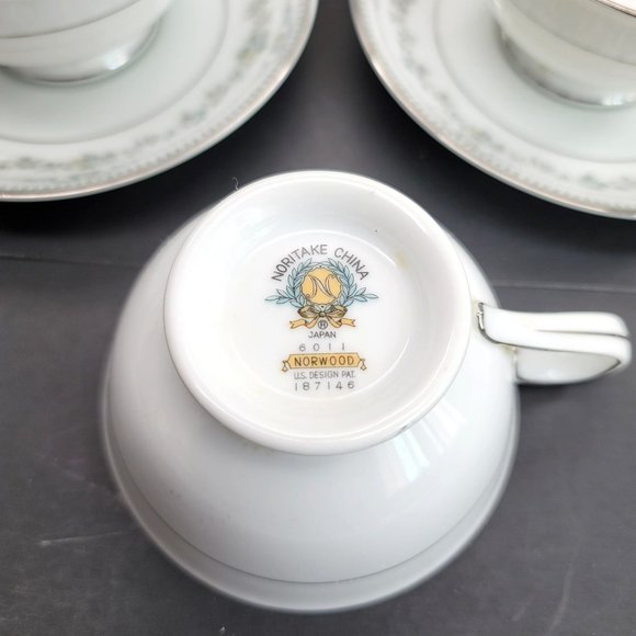 Noritake Norwood Tea Cups and Saucers Set of 3 White Silver Floral Japan Cr157 - Picture 3 of 10